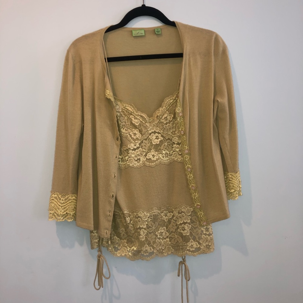 Lela Rose Tan and Gold Lace Trim Cashmere Blend Cardigan Set